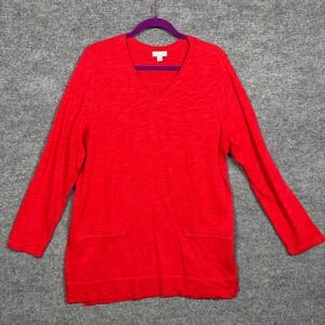 J.Jill Size XL Tunic Tee Bright Red Cotton V Neck Side Slit Pullover Long Sleeve